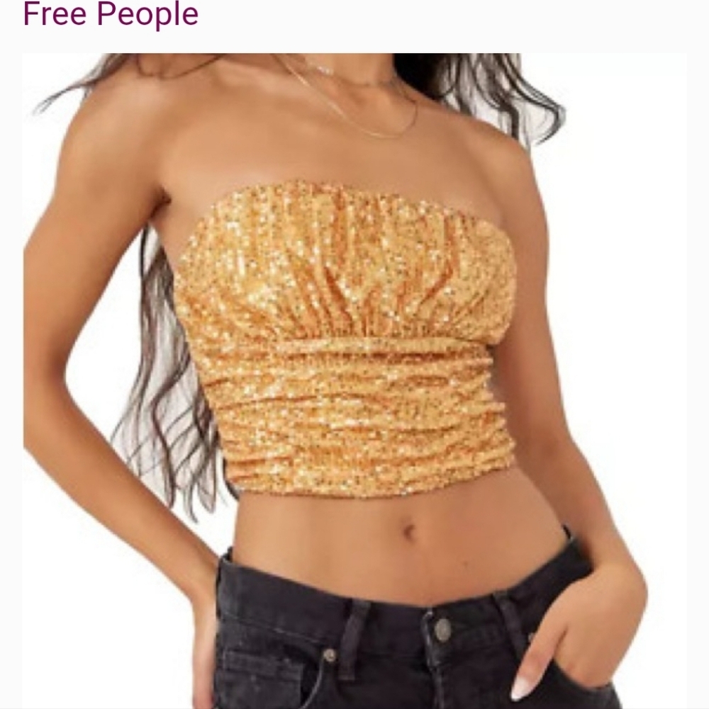 Free People  NWT Strapless Crop Ta Da Shimmering Gold Sequin Top W/ Boning Sz L - Picture 2 of 9
